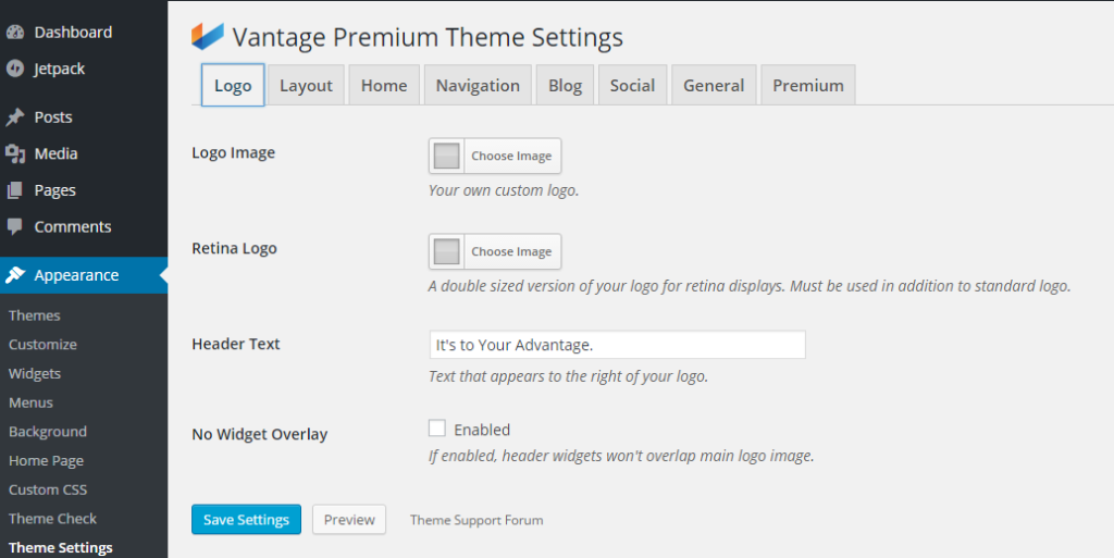 Vantage Theme Header Text Settings